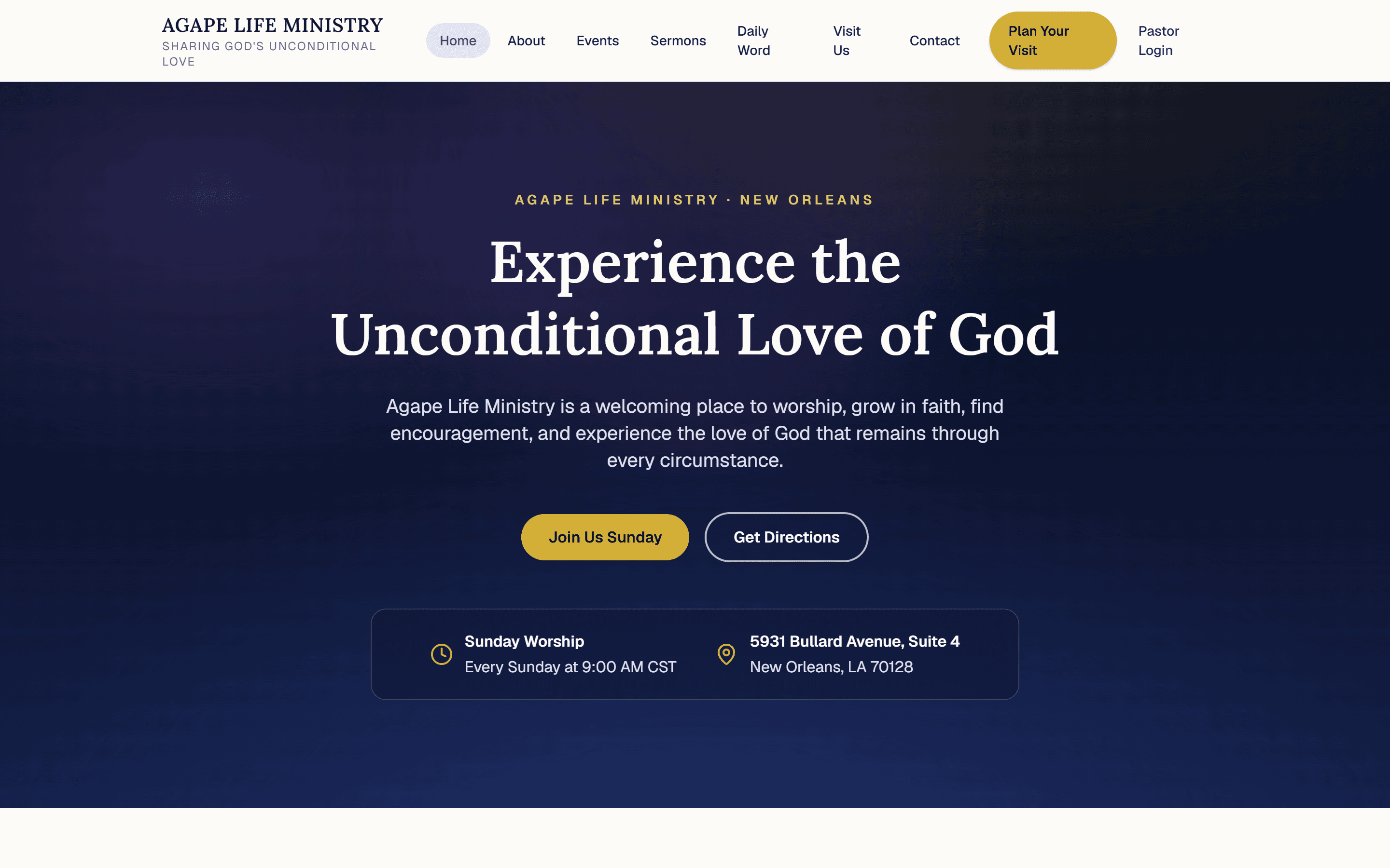 Agape Life Ministry homepage on desktop — 'Experience the Unconditional Love of God' hero with Sunday worship time and address