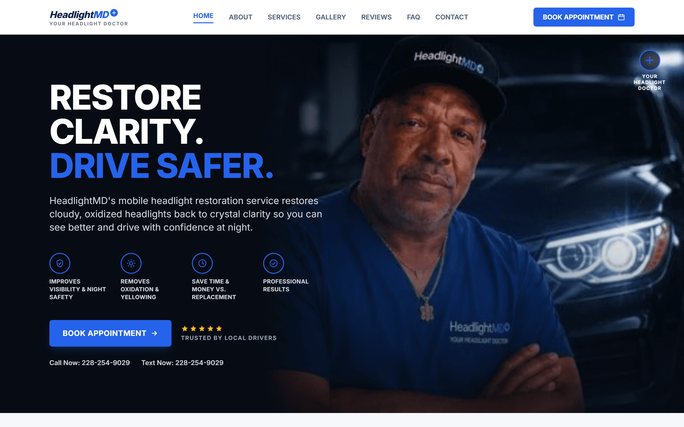 HeadlightMD homepage on desktop — 'Restore Clarity. Drive Safer.' hero with book appointment button, benefits, and phone number