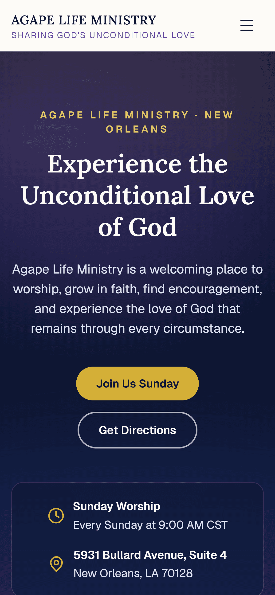 Agape Life Ministry homepage on a phone, showing the responsive mobile hero and service information