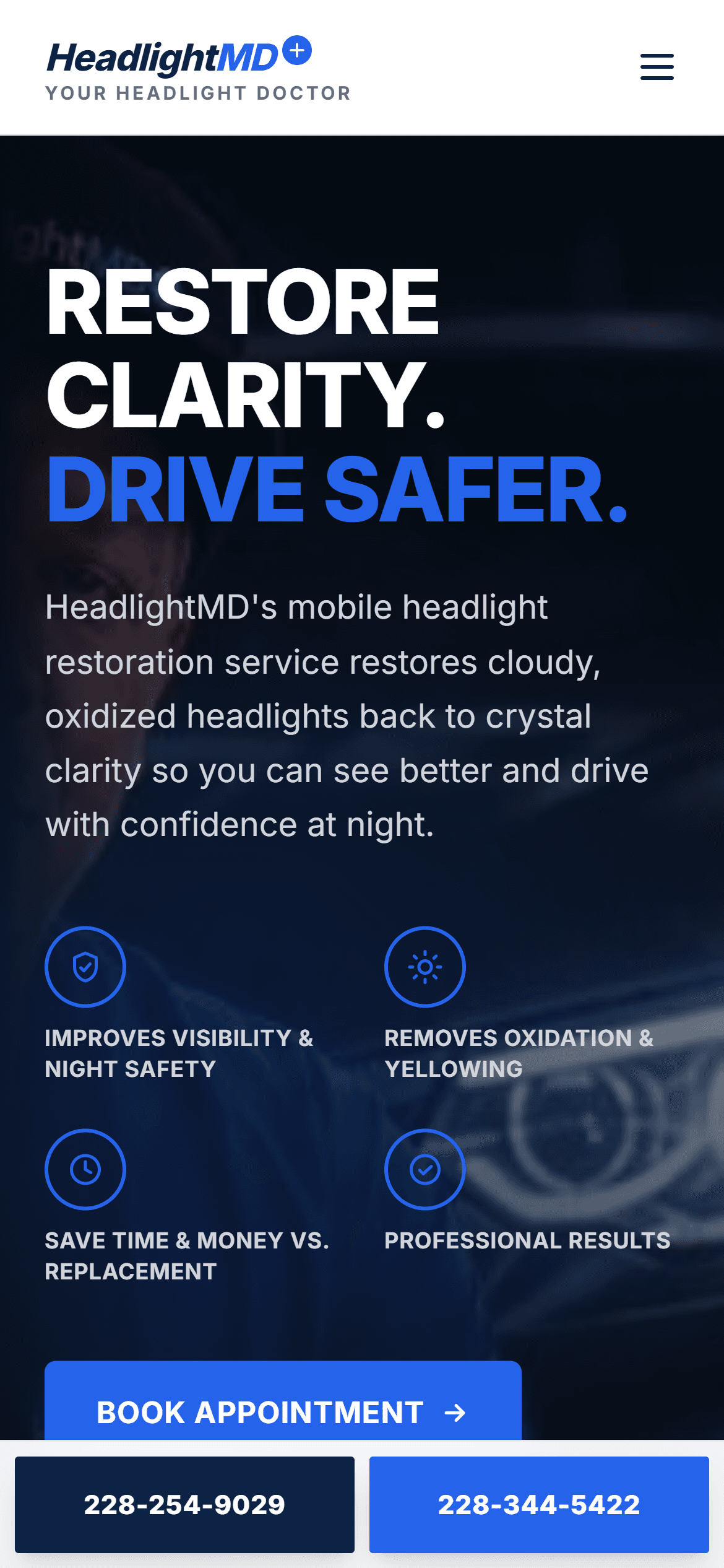 HeadlightMD homepage on a phone, showing the responsive mobile hero with booking call to action