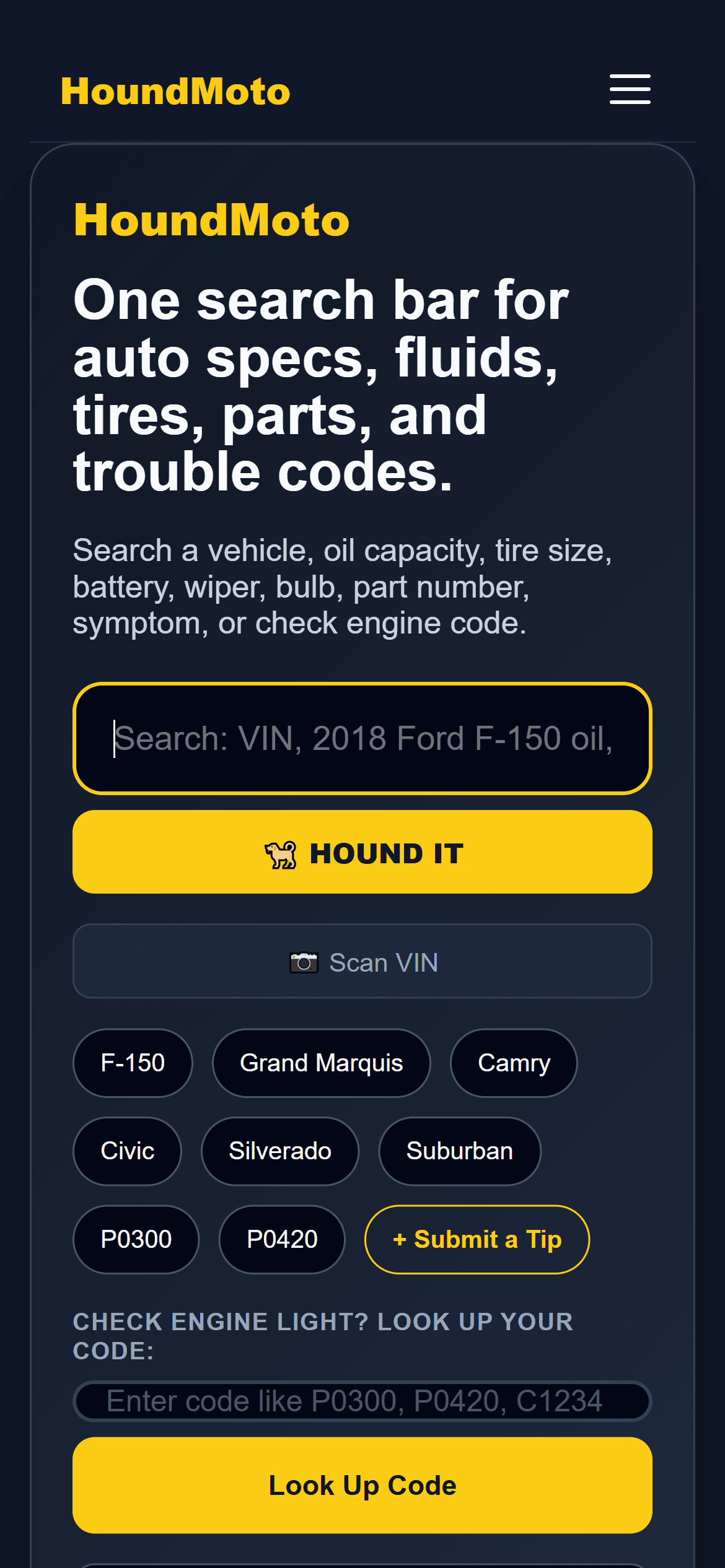 HoundMoto homepage on a phone, showing the responsive mobile search interface
