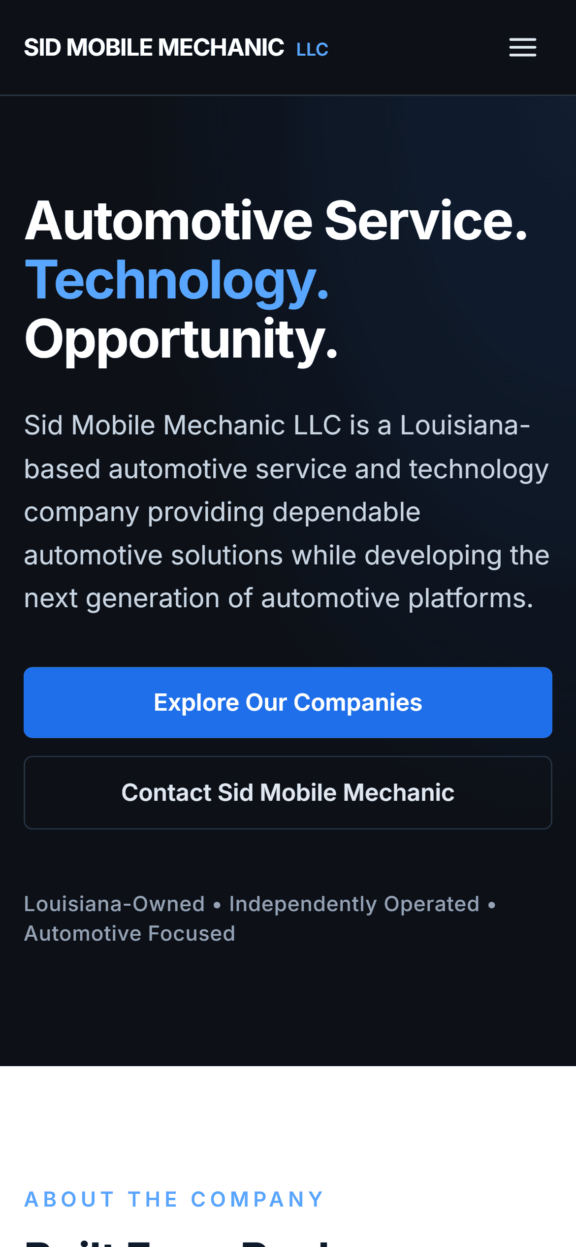 Sid Mobile Mechanic homepage on a phone, showing the responsive mobile layout of the hero section